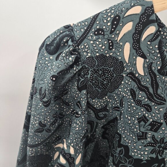 Melloday Green Black Dark Floral Puff Sleeves Long Sleeve Blouse Size 2x - Picture 2 of 11